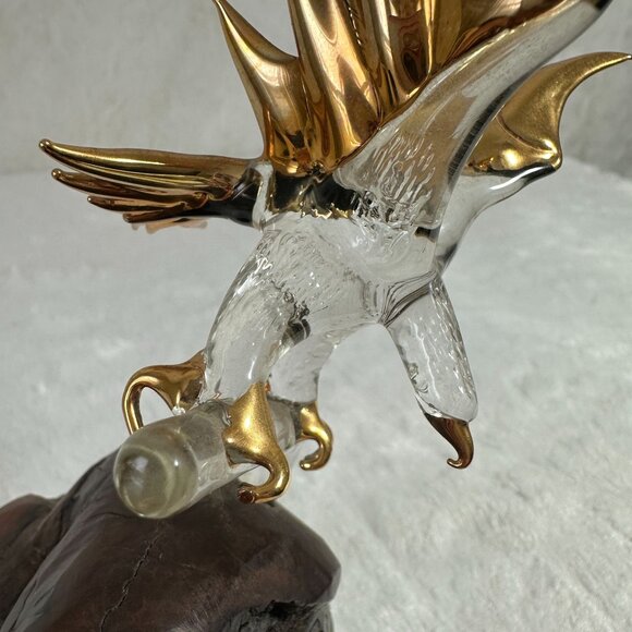 Vintage Glass Baron Bald Eagle Blown Art Statue Burl Wood Base 22 kt Gold tips - Picture 4 of 8